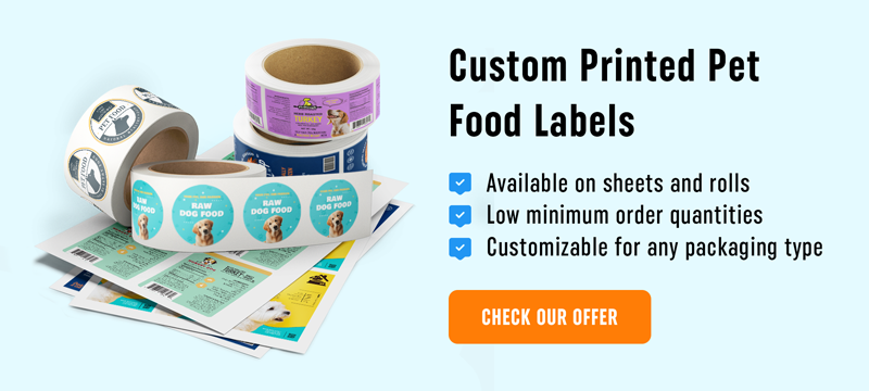 Pet food labels on rolls and sheets
